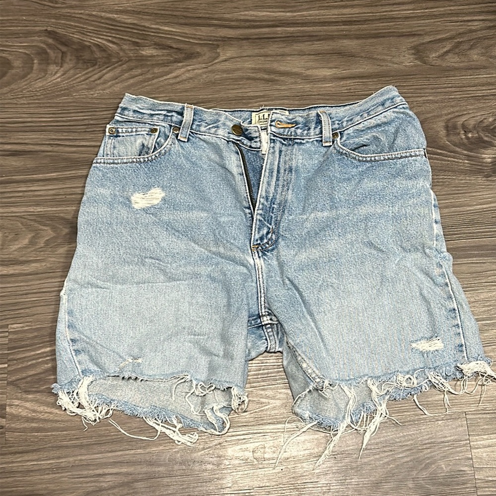 LL Bean high waisted denim cutoff shorts, size 12 regular, perfectly distressed